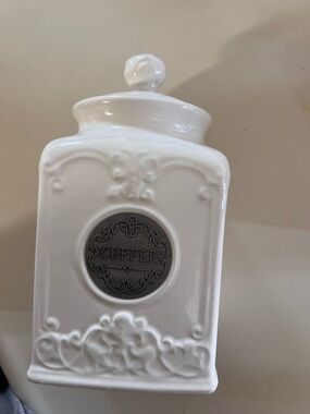 White Ceramic Coffee Canister with Decorative Medallion